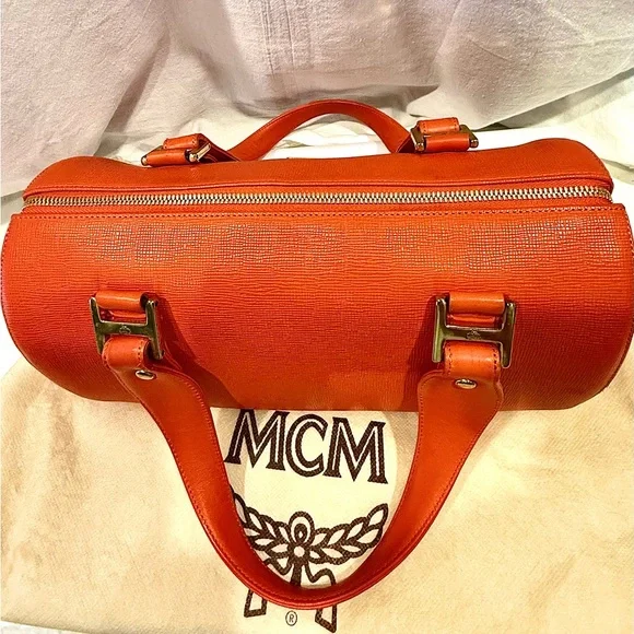 MCM Tangerine Pebbled Leather Satchel With Striking Gold Accents - Picture 12 of 12